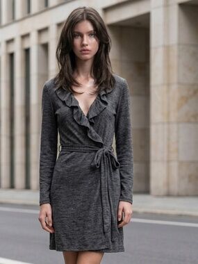MILLY New York Wool Wrap Dress Charcoal Gray Ruffle Career Small